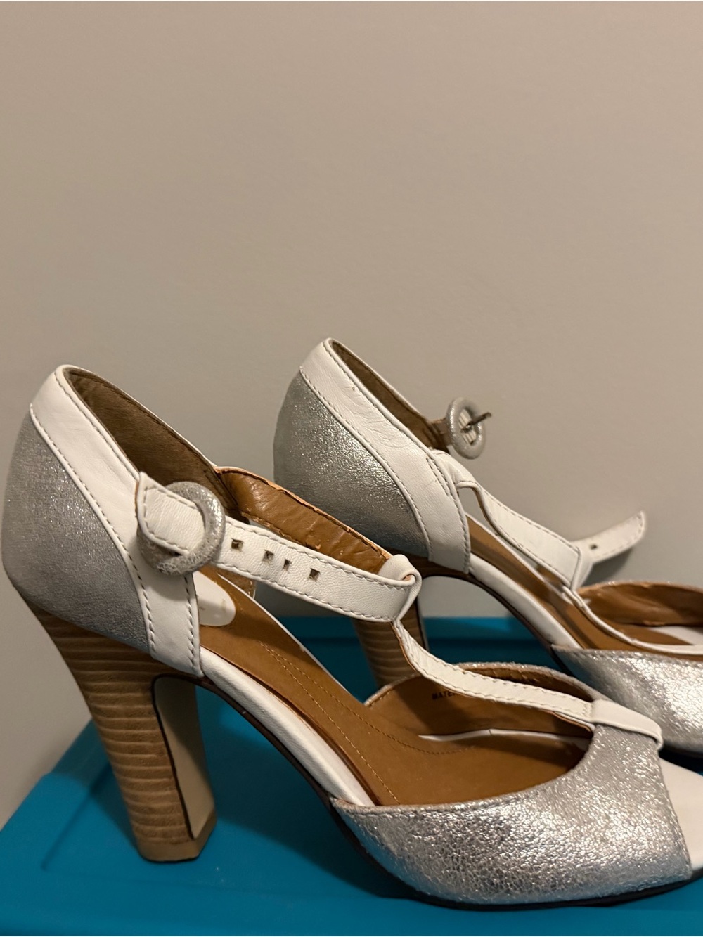 White and Silver T-Strap Mid Heel Pumps